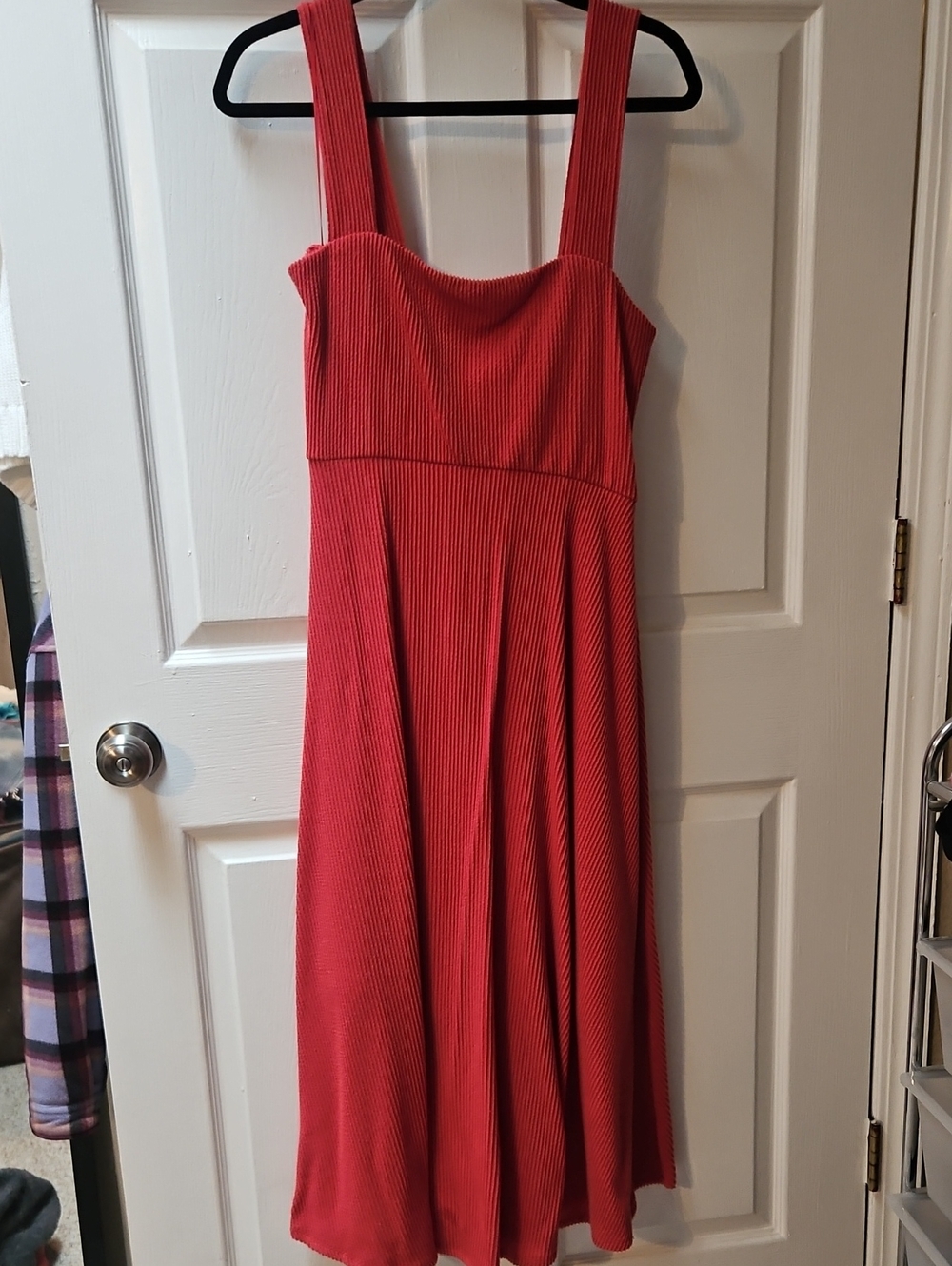 nine britton Coral-Red Ribbed Midi Dress with Wide Straps